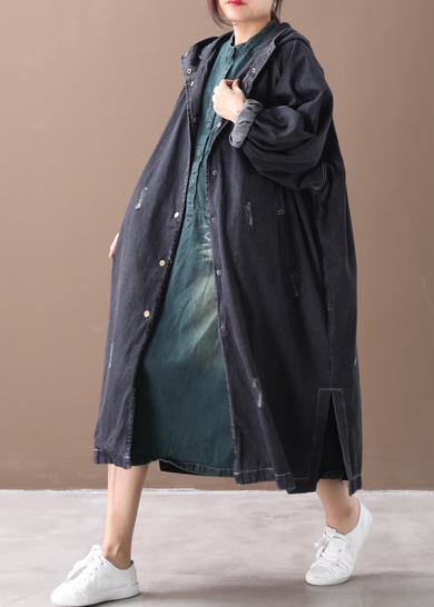 French Denim Black Fine Coat for Woman Shape Hooded Hole Outwears