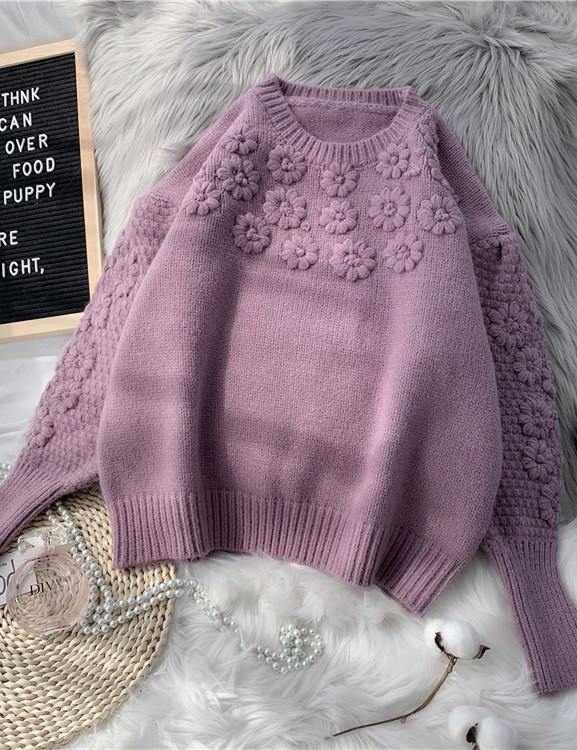 Comfy Beige Knitted Top O Neck Embroidery Oversize Knit Tops