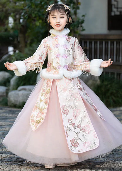Stylish Champagne Fur Collar Embroideried Tassel Warm Fleece Coats and Tulle Skirts Two Pieces Set Winter