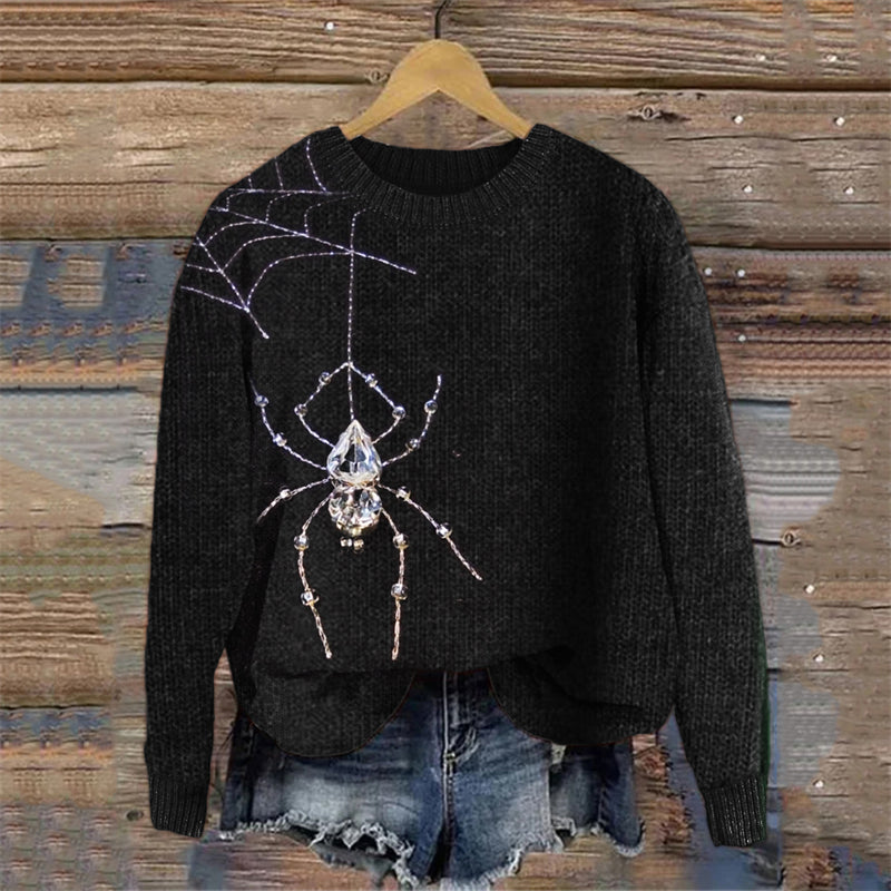 Vintage Crystal Spiders & Spiderweb Embroidered Cozy Sweater artswardrobe