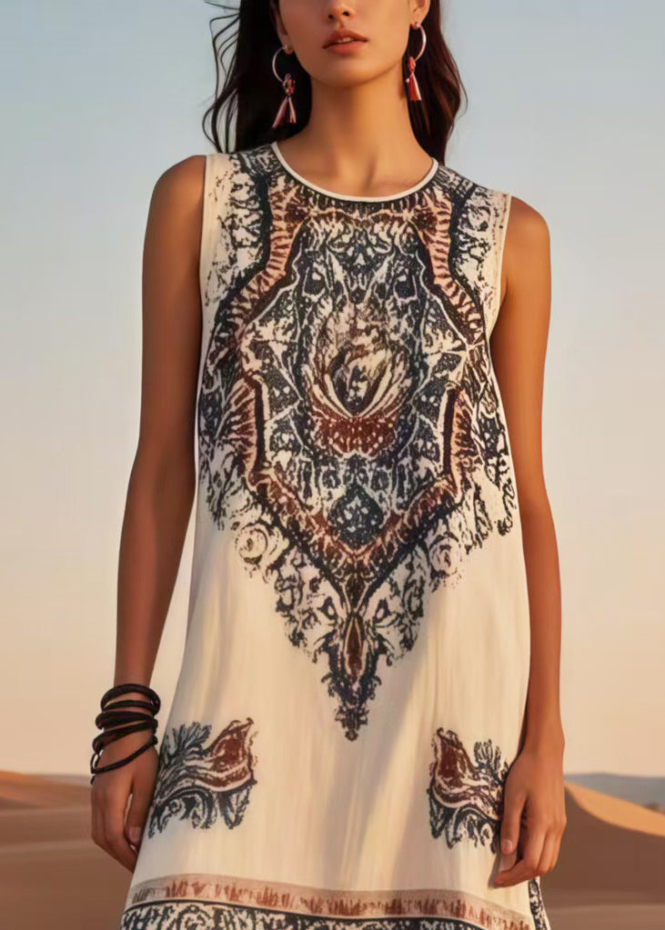Diy White Tasseled Print Cotton Holiday Dress Sleeveless