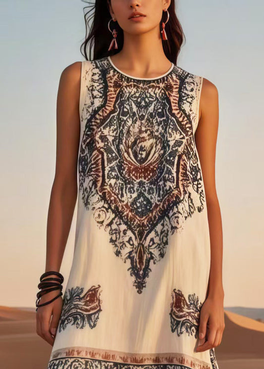 Diy White Tasseled Print Cotton Holiday Dress Sleeveless