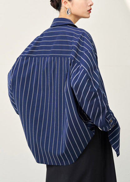 Navy Striped Button Cotton Shirt Fall