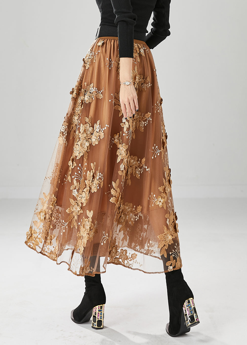 Brown Elastic Waist Embroideried Tulle Skirts Fall