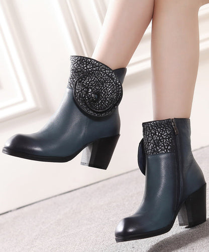 Blue Boots Chunky Cowhide Leather Zippered Splicing