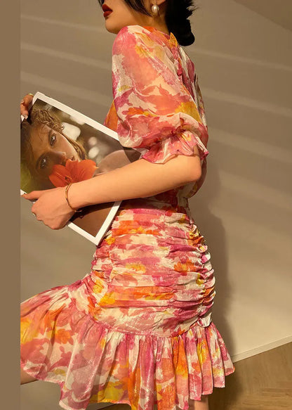 Red Wrinkled Print Chiffon Tops and Wraped Skirts Sets Two Pieces Summer