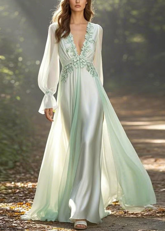 Light Green V Neck Front Open Chiffon Long Dress Spring