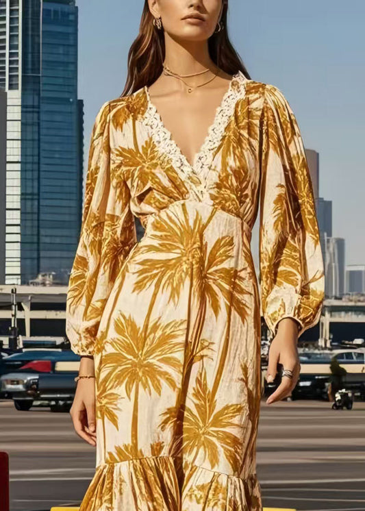 Khaki Print Patchwork Lace Vacation Dresses Spring