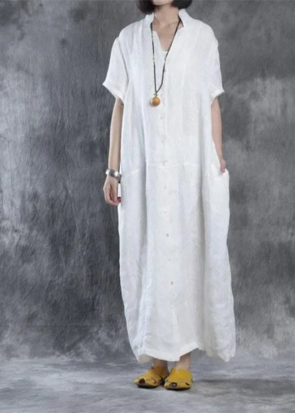 Linen Robes Omychic Summer Loose Fit Retro Linen Maxi Dress