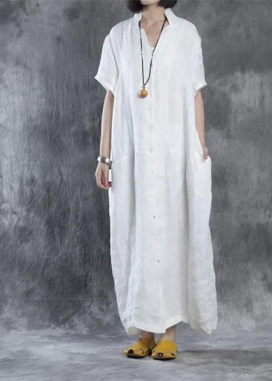 Linen Robes Omychic Summer Loose Fit Retro Linen Maxi Dress