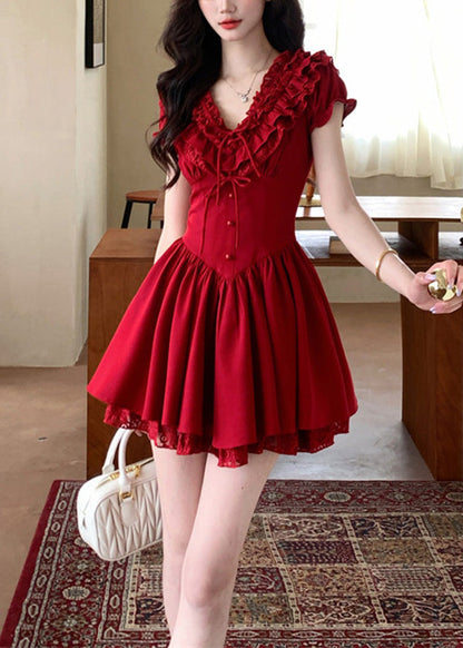 French Red V Neck Ruffled Patchwork Cotton Mid Dresses Summer