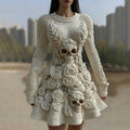 Comstylish Women's Halloween Skull With Rose Art Cozy Knit Sweater Dress
