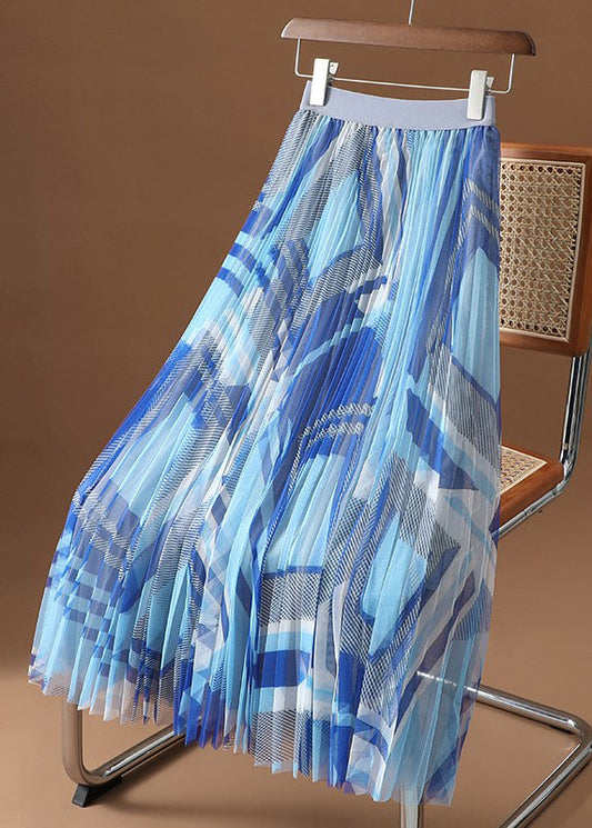 Blue Print Draping High Waist Tulle Skirt Summer