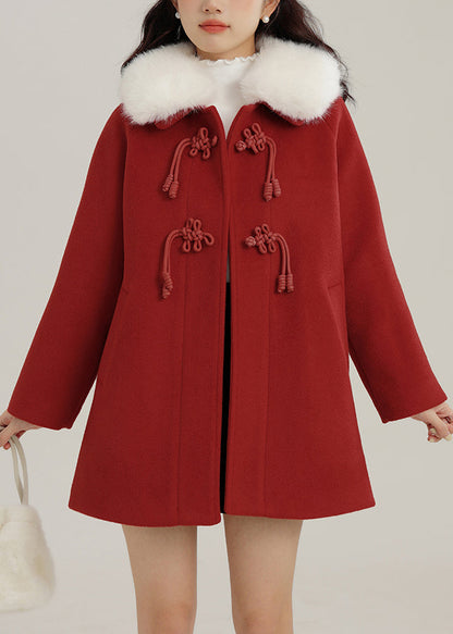 Red Oversized Chinese Button Woolen Coats Winter