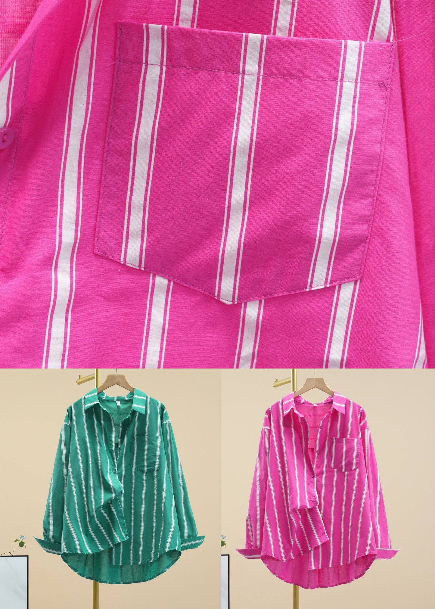 Green Peter Pan Collar Striped Button Cotton Shirt Fall