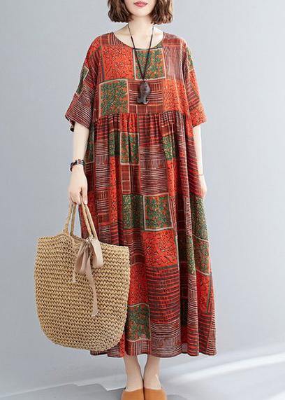 Diy Orange Red Print Cotton Linen Clothes O Neck Extra Large Hem Cotton Robes Dresses
