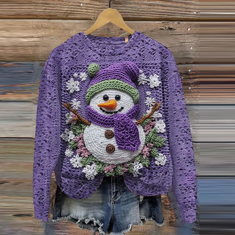 Comstylish Christmas Snowman Embroidery Knitted Pattern Cozy Sweater