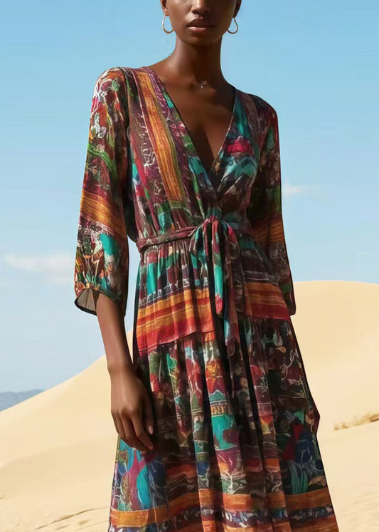 Chocolate Tie Waist Print Chiffon Dress Bracelet Sleeve