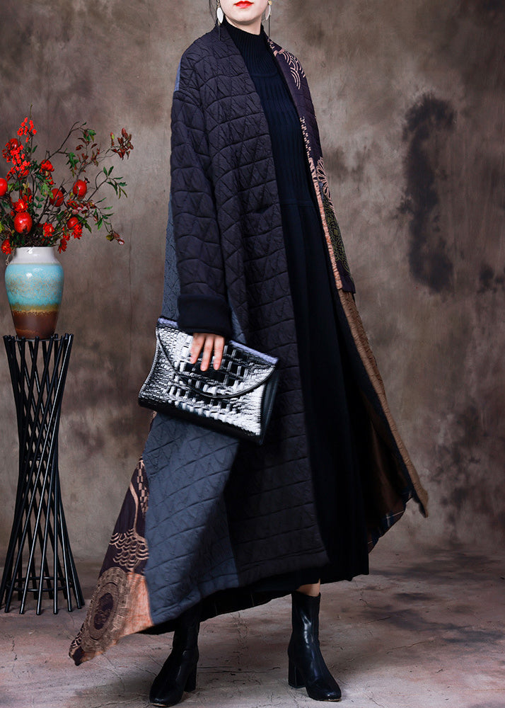 Retro Coffee Patchwork Black Colour V Neck Asymmetrical Button Pockets Print Cotton Thick Maxi Coat Long Sleeve
