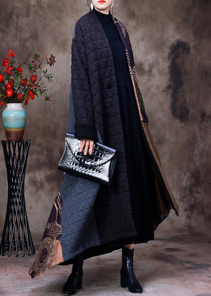 Retro Coffee Patchwork Black Colour V Neck Asymmetrical Button Pockets Print Cotton Thick Maxi Coat Long Sleeve