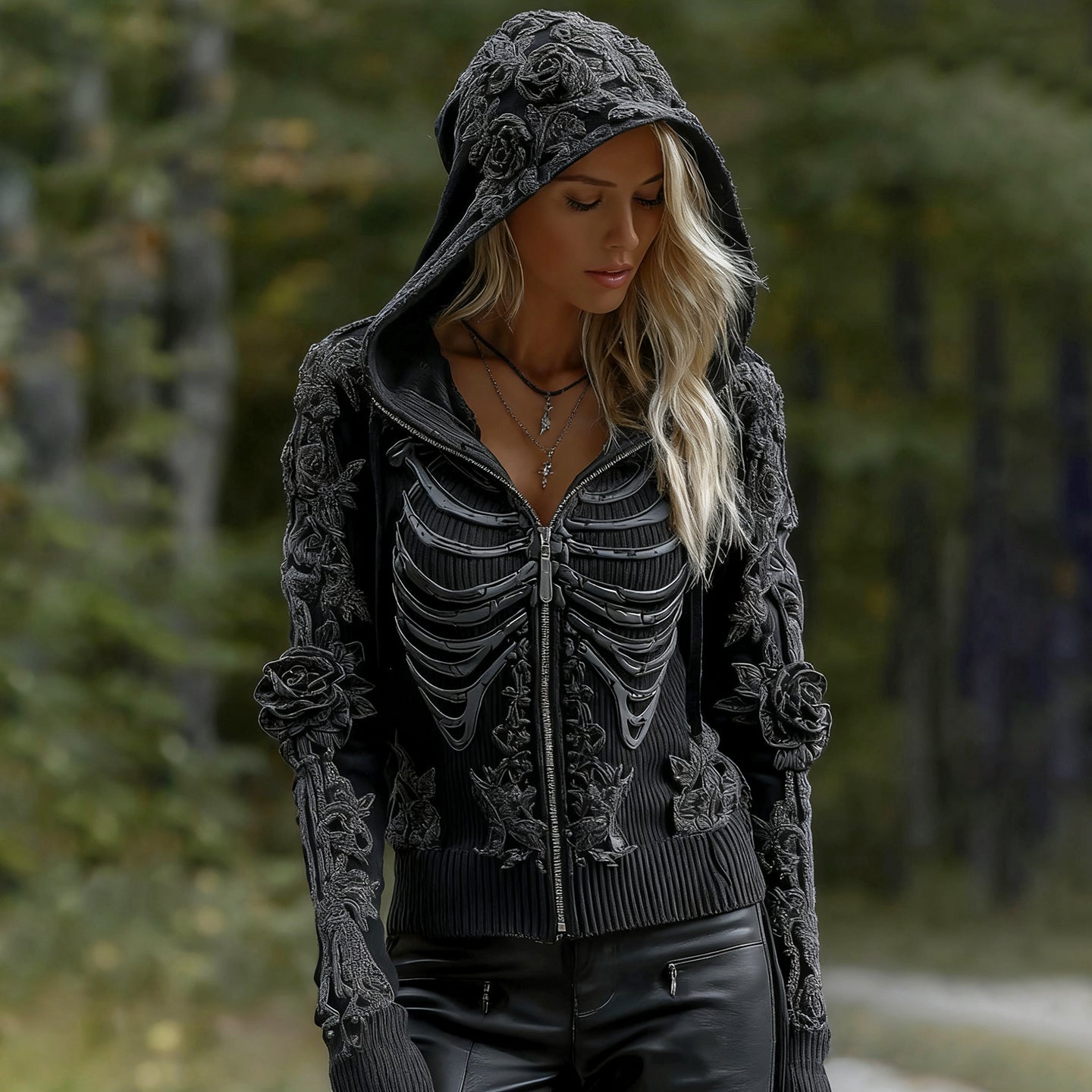 Comstylish Women's Vintage Skeleton Rose Gothic Art Zipper Knit Hooded Sweater