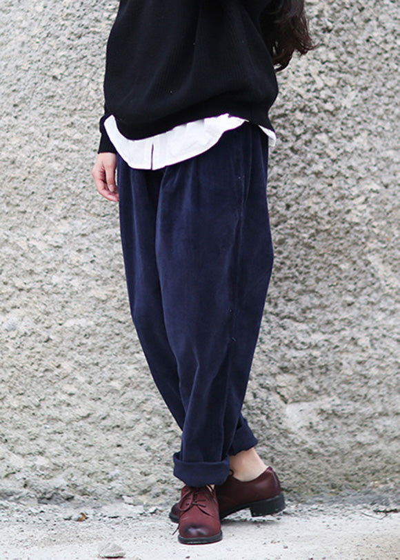 Navy Blue Elastic Waist Corduroy Harem Pants Spring