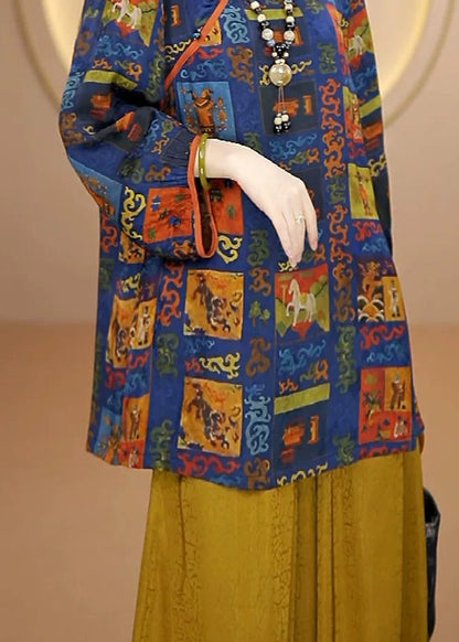 Blue Print Chinese Button Silk Shirt Top Fall