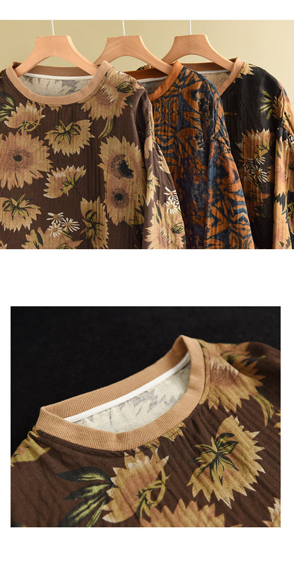 Large Size Slim Round Neck Printed Retro Loose Sweater