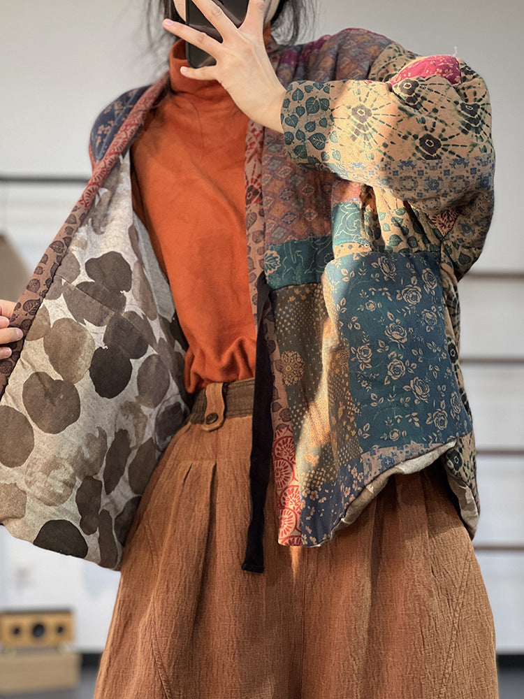Literary Print Lace-up Padded Jacket