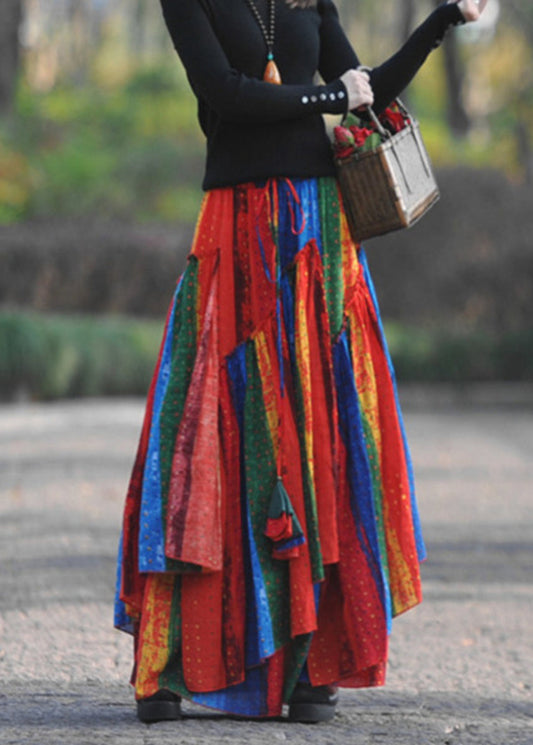 Multi Color Wrinkled Patchwork Exra Large Hem Cotton Maxi Skirt Spring