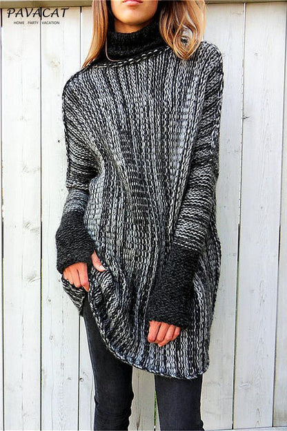 Spliced Turtleneck Loose Pullover Sweater