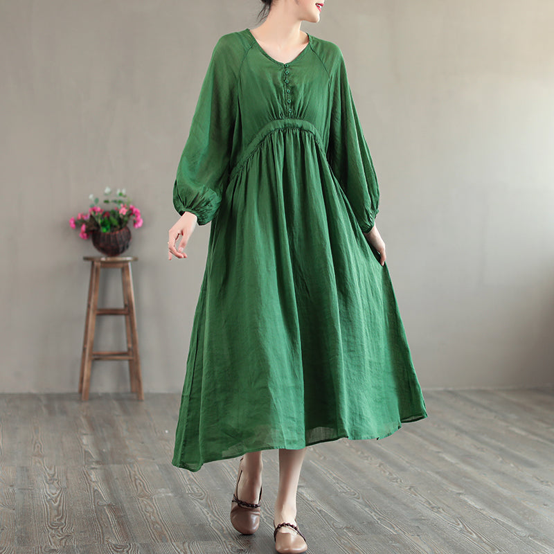 Summer Retro Loose Long Sleeve Thin Linen Dress