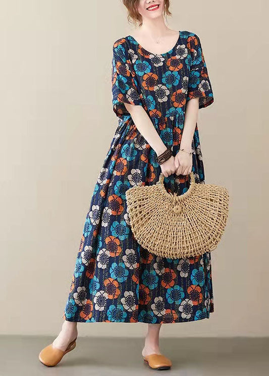 Blue O-neck Print Summer Party Dress Half Sleeve