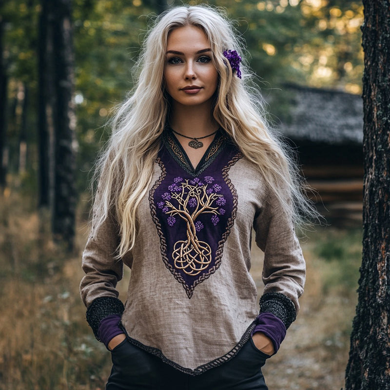 Women's Viking Purple Blossom Tree Of Life Patchwork Linen Shirt elevenforest