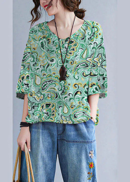 Print V Neck Patchwork Loose Drawstring Fall Blouses Half Sleeve
