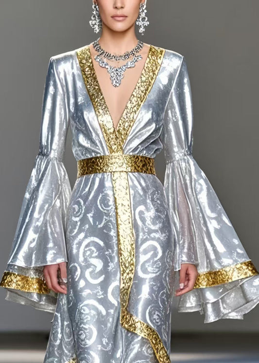 Stylish Silvery Print Patchwork Silk Party Dress Flare Sleeve