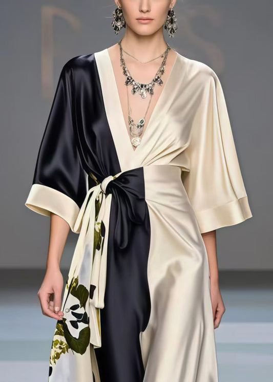 Colorblock Asymmetrical Patchwork Silk Vacation Dresses Bracelet Sleeve