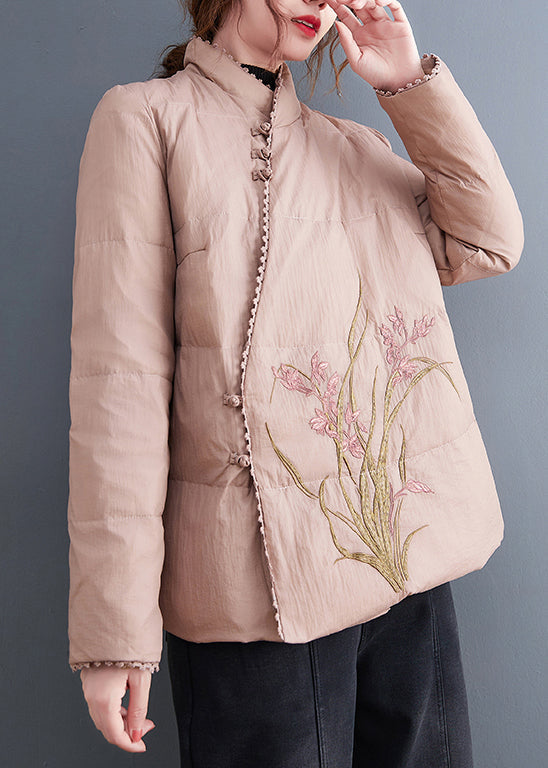 Pink Stand Collar Embroideried Fine Cotton Filled Jackets Winter