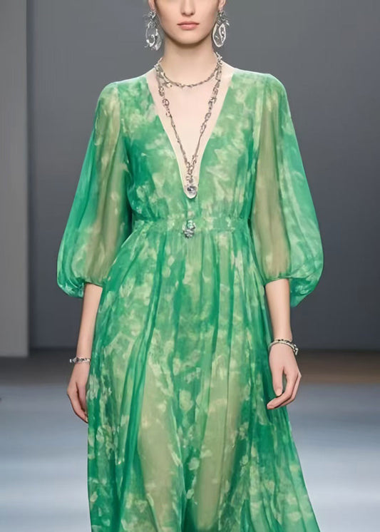 Green Print Chiffon Robe Dresses Bracelet Sleeve