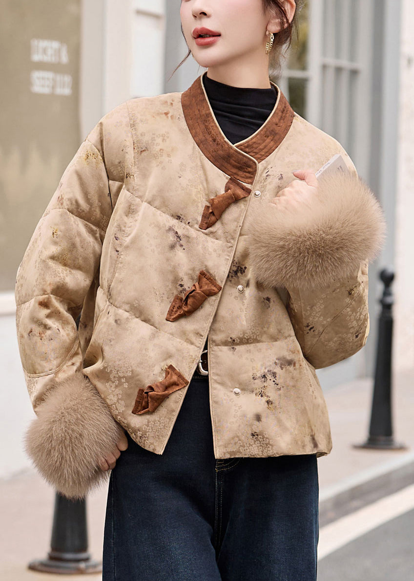 Khaki Print Patchwork Fox Fur Duck Down Winter Coats
