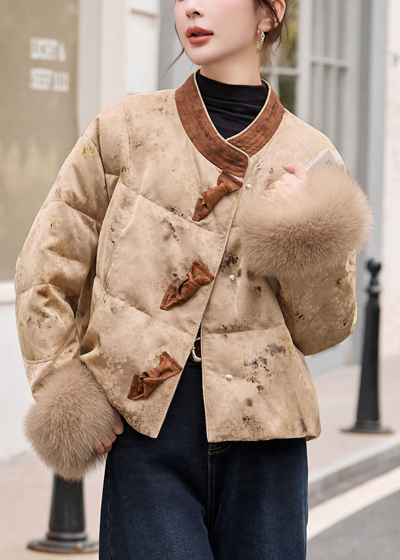 Khaki Print Patchwork Fox Fur Duck Down Winter Coats