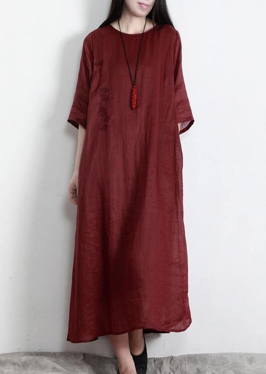 Classy Red O-neck Linen Half Sleeve Summer Dresses