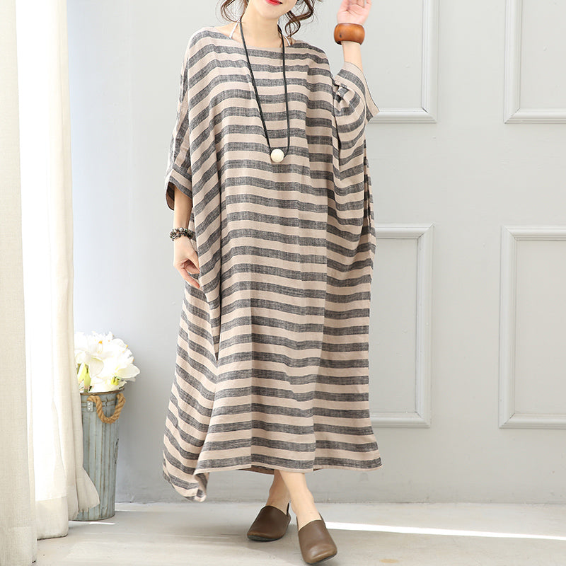 Gray Striped Long Linen Dresses Loose Fitting O Neck Gown Fine Batwing Sleeve Kaftans