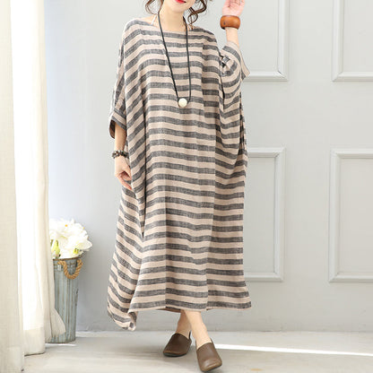Gray Striped Long Linen Dresses Loose Fitting O Neck Gown Fine Batwing Sleeve Kaftans