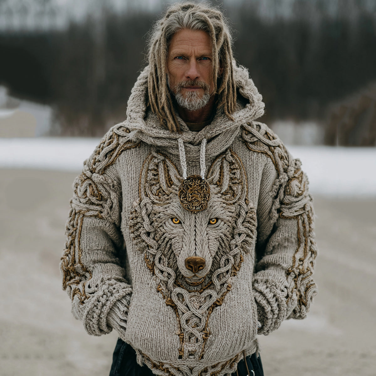 Men's Vintage Viking Wolf Cozy Knit Hooded Sweater artswardrobe