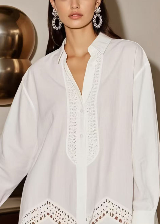 White Oversized Hollow Out Cotton Shirt Dress Spring