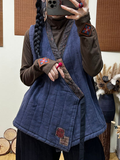 Winter Style Patch Loose Belt V-neck Vest