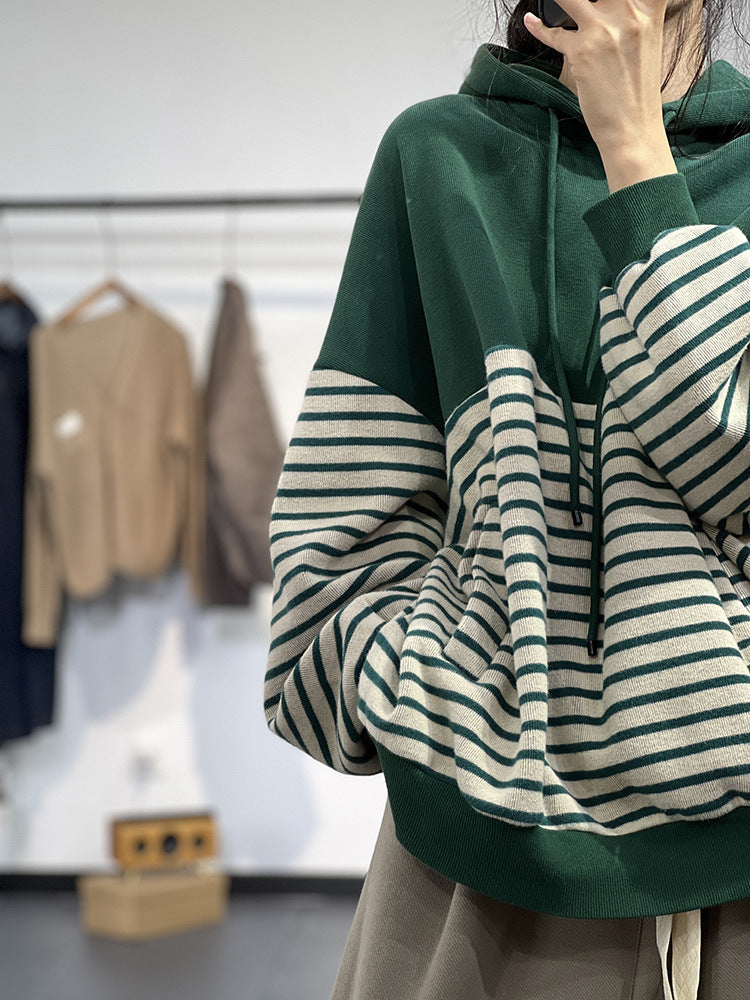Contrast Stripe Fleece Drawstring Hooded Sweatshirt