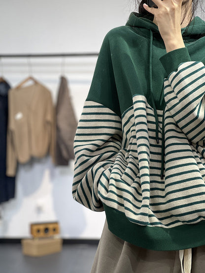 Contrast Stripe Fleece Drawstring Hooded Sweatshirt