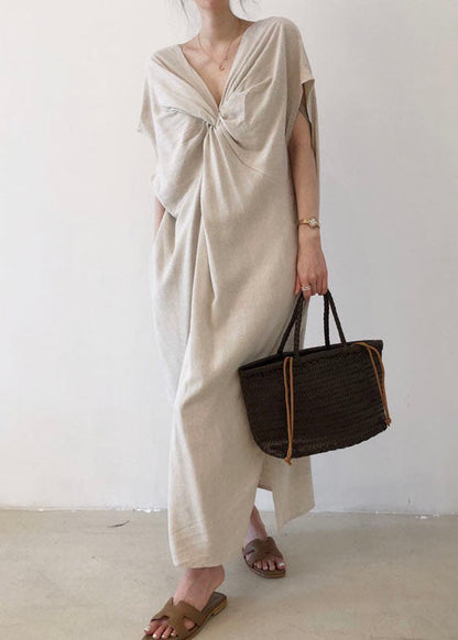 Beige V Neck Cotton Short Sleeve Long Dresses